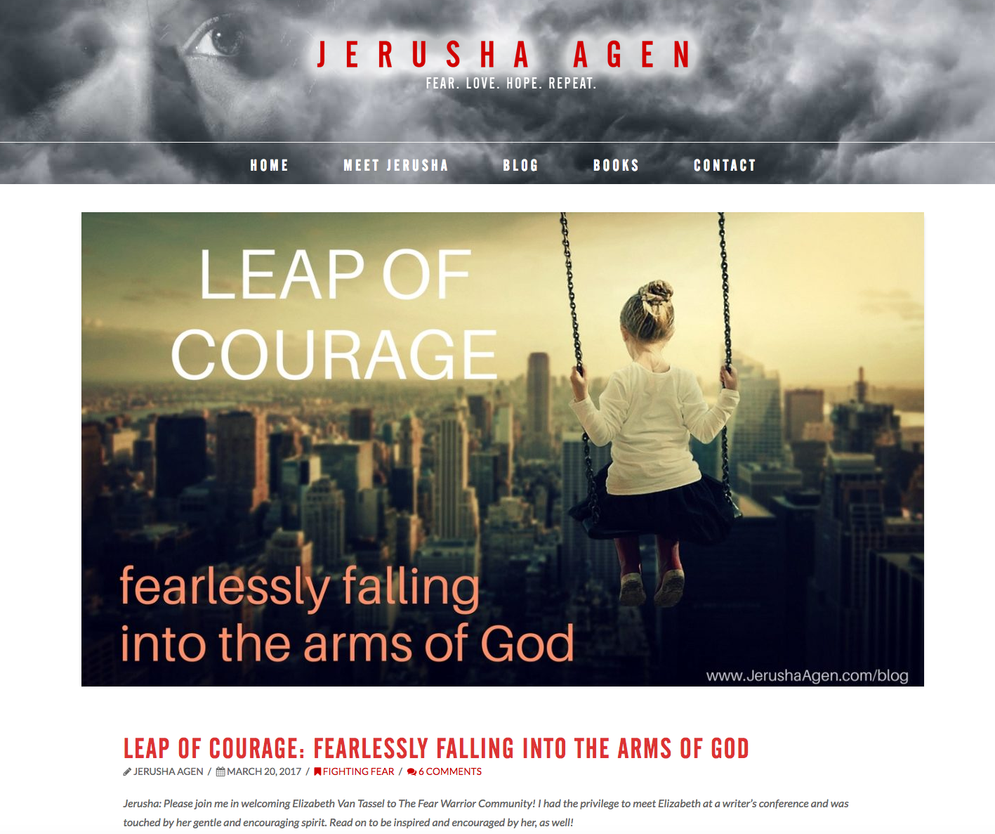 Resilience Expert Elizabeth Van Tassel appearing on the Fear Warrior Blog http://jerushaagen.com/leap-of-courage-fearlessly-falling-into-the-arms-of-god/