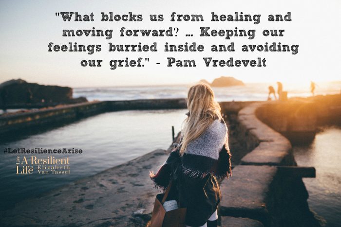 Woman on shoreline with a quote about healing from Pam Vredevelt with resilience expert Elizabeth Van Tassel 