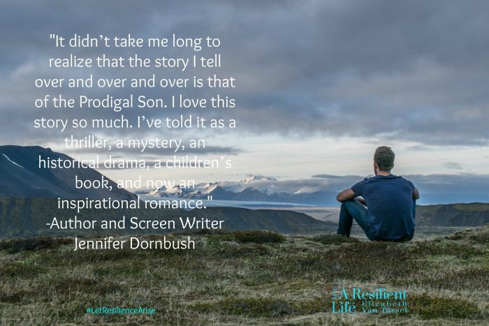 Man staring at a lake and mountains with saying by Jennifer Dornbush with resilience expert Elizabeth Van Tassel