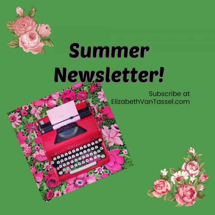 Red typewriter and summer newsletter announcement for resilience expert Elizabeth Van Tassel.