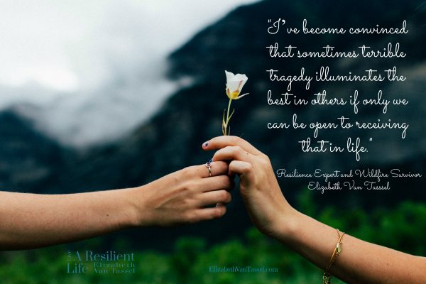 Elizabeth Van Tassel quote over hands holding flower, resilience expert