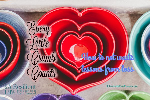 Every Little Crumb Counts heart shaped bowls with quote from Elizabeth Van Tassel, wildfire survivor and resilience expert