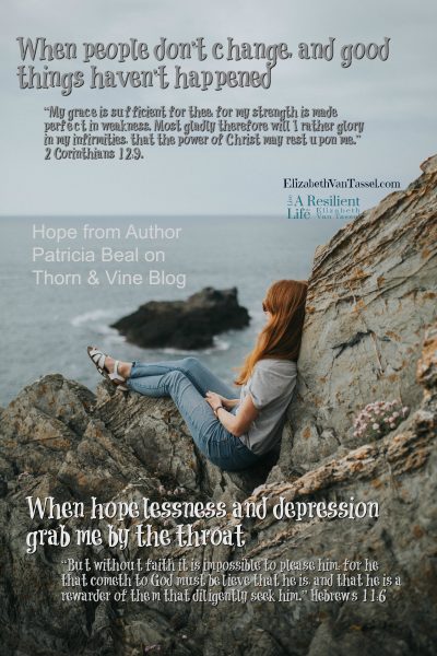Author Patricia Beal shares favorite verses with resilience expert Elizabeth Van Tassel, girl sitting by seashore.