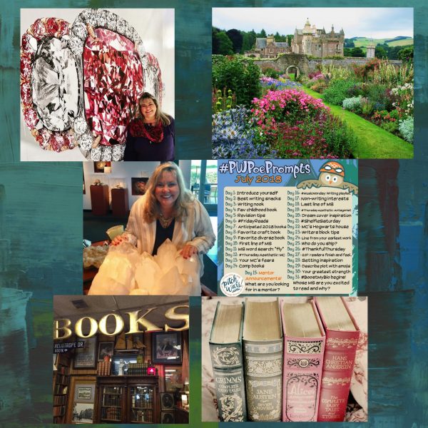 Elizabeth Van Tassel fantasy author collage of interests including gemology, books, and castles with #PWPOEprompts 
