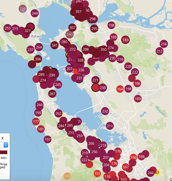 Bay Area map with purple readings of bad air quality with resilience expert Elizabeth Van Tassel